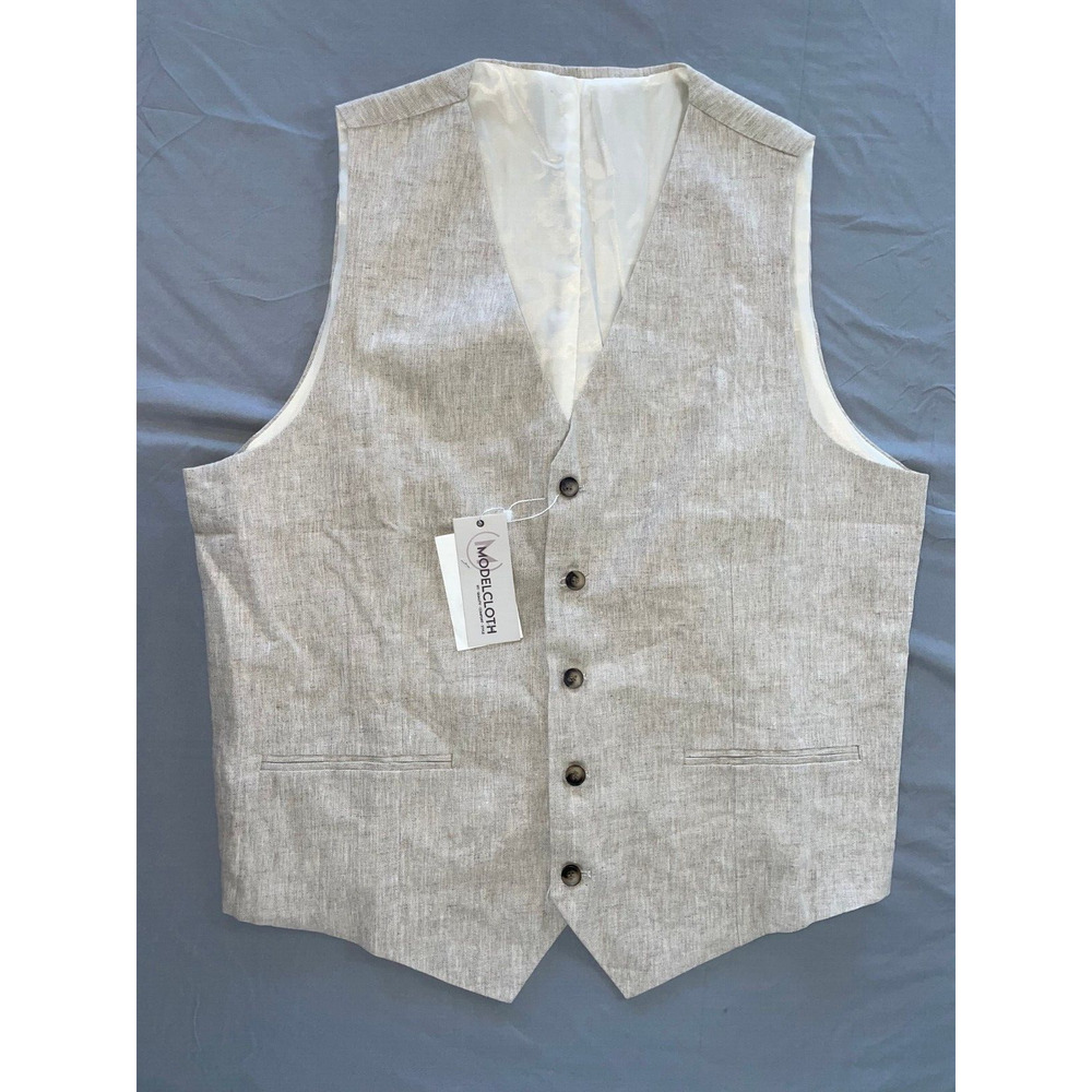 Modelcloth Monaco Lined 100% Linen Vest w/ Adjustable Back Cinch in Natural. XL